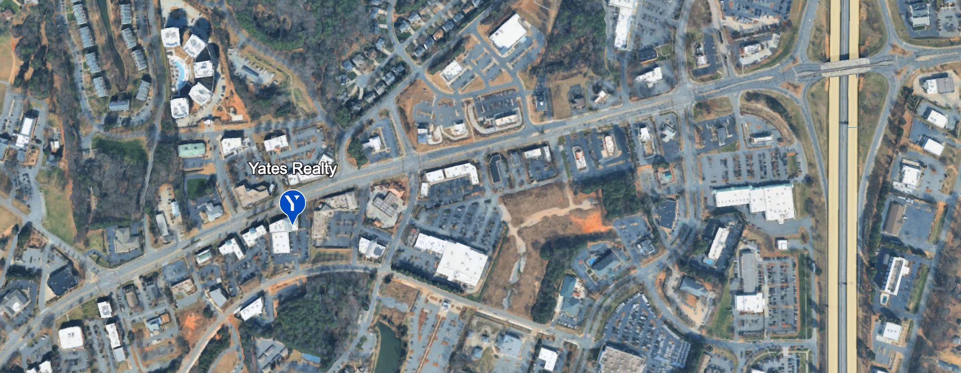 Aerial view of Cornelius, NC, centred on the Yates Realty office on 19900 W Catawba Ave.